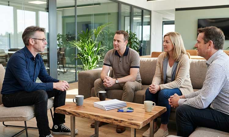 Four colleagues meeting in modern office lounge