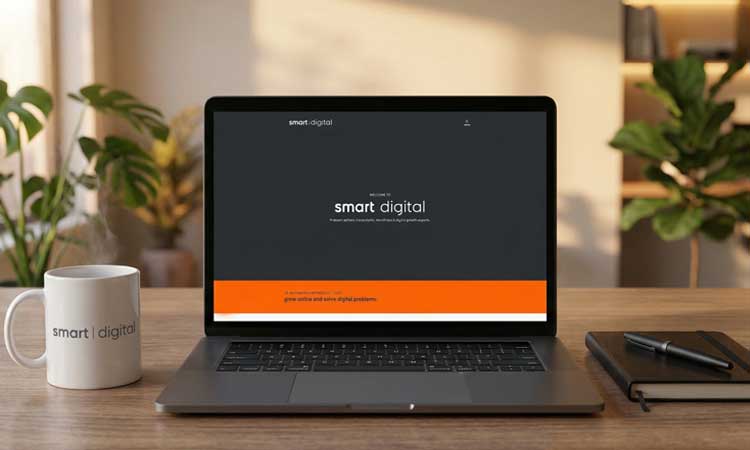 Laptop displaying smart digital website on desk